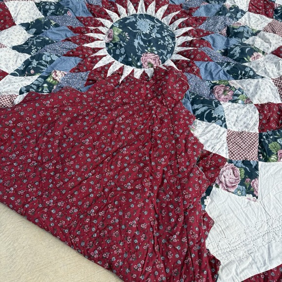 Vintage Handmade Lone Star Quilt Americana Floral Red White Blue Farmhouse - Picture 4 of 10